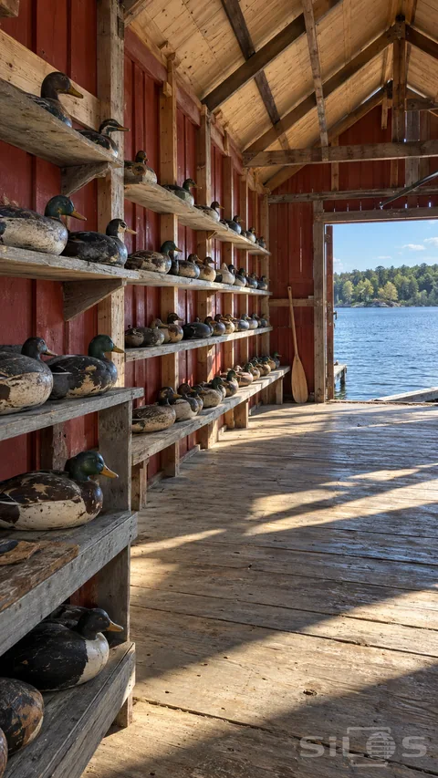Wooden duck decoys line weathered shelves in a red boathouse with an open lake door and long shadows across the floor.