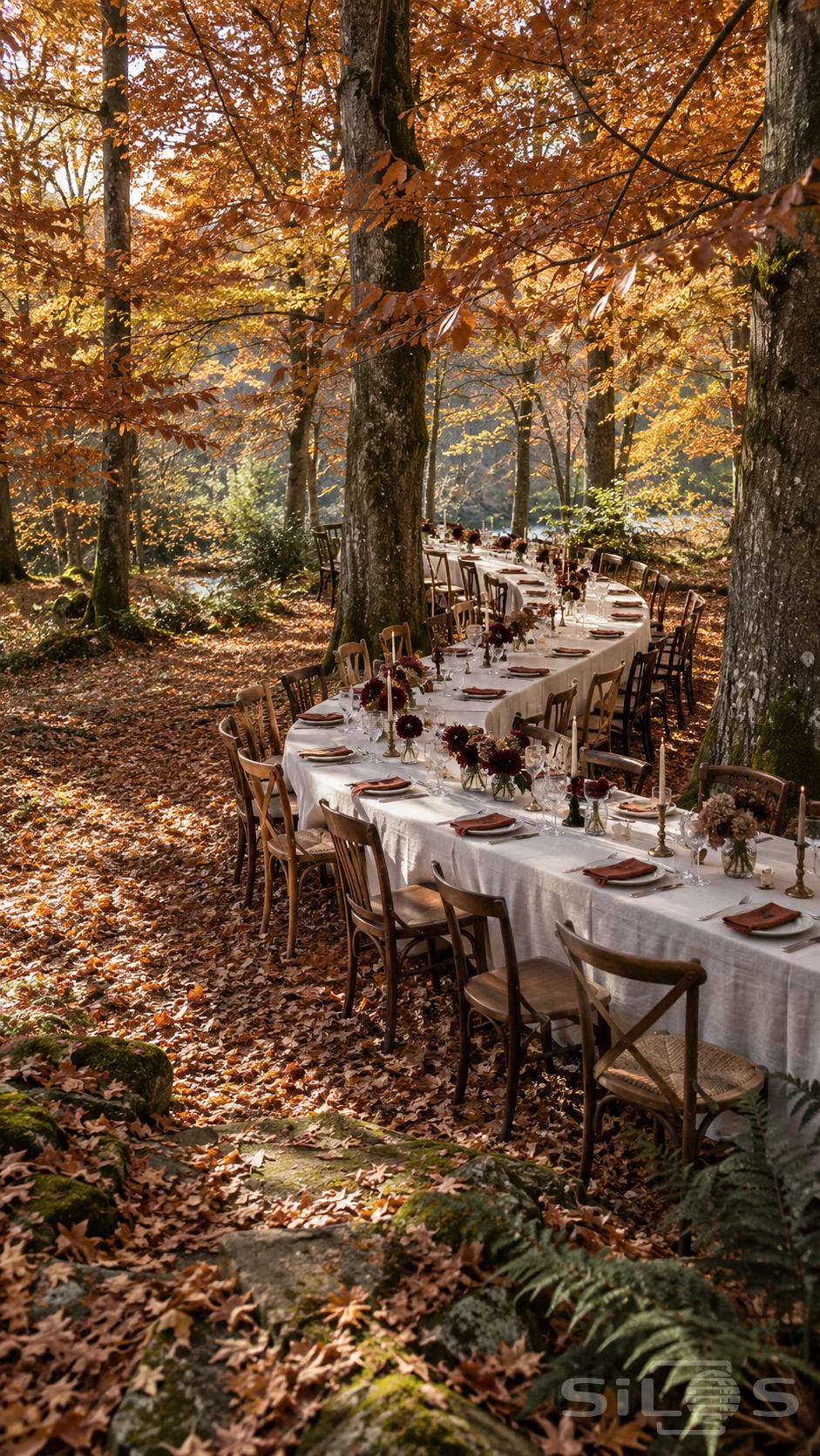 A long curved dinner table with ivory linen, wood chairs and burgundy flowers winds between tall copper beech trees.