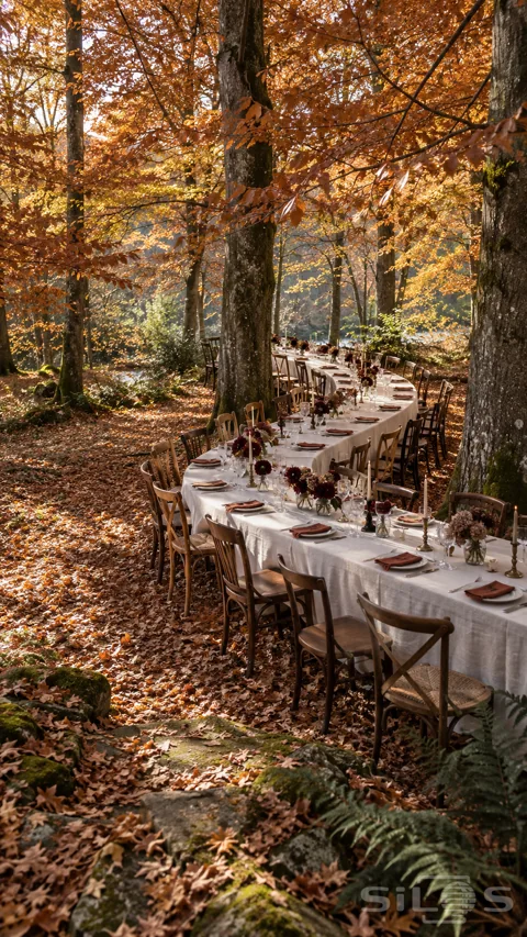 A long curved dinner table with ivory linen; wood chairs and burgundy flowers winds between tall copper beech trees.