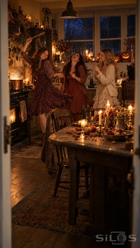 Three young women in plum; rust and cream dresses laugh and dance in a candlelit kitchen beside a steaming copper pot and black cat.