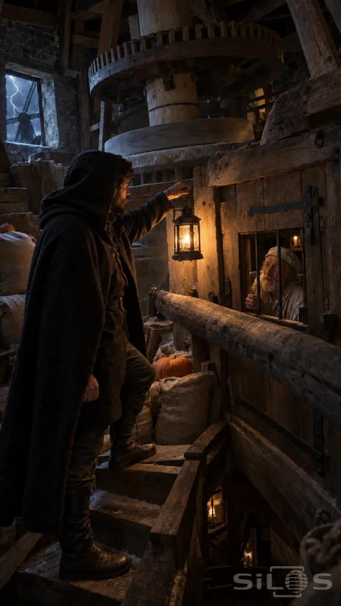 A hooded traveller on wooden stairs faces an old miller behind a barred door beneath windmill gears.
