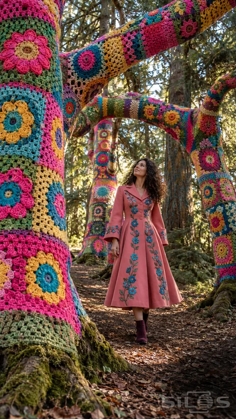 A woman in a salmon coat with floral embroidery walks between yarn trees wrapped in bright crochet patchwork.