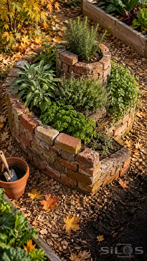 A planted herb spiral rises inside reclaimed brick walls; with rosemary; leafy herbs; woodchips and a terracotta pot.