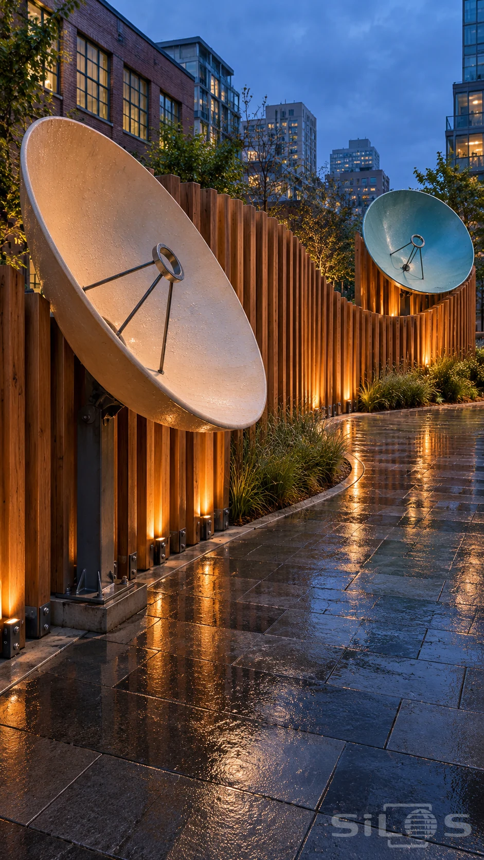 Two large whisper dishes stand along curved cedar fins above wet paving in an empty city plaza at dusk.
