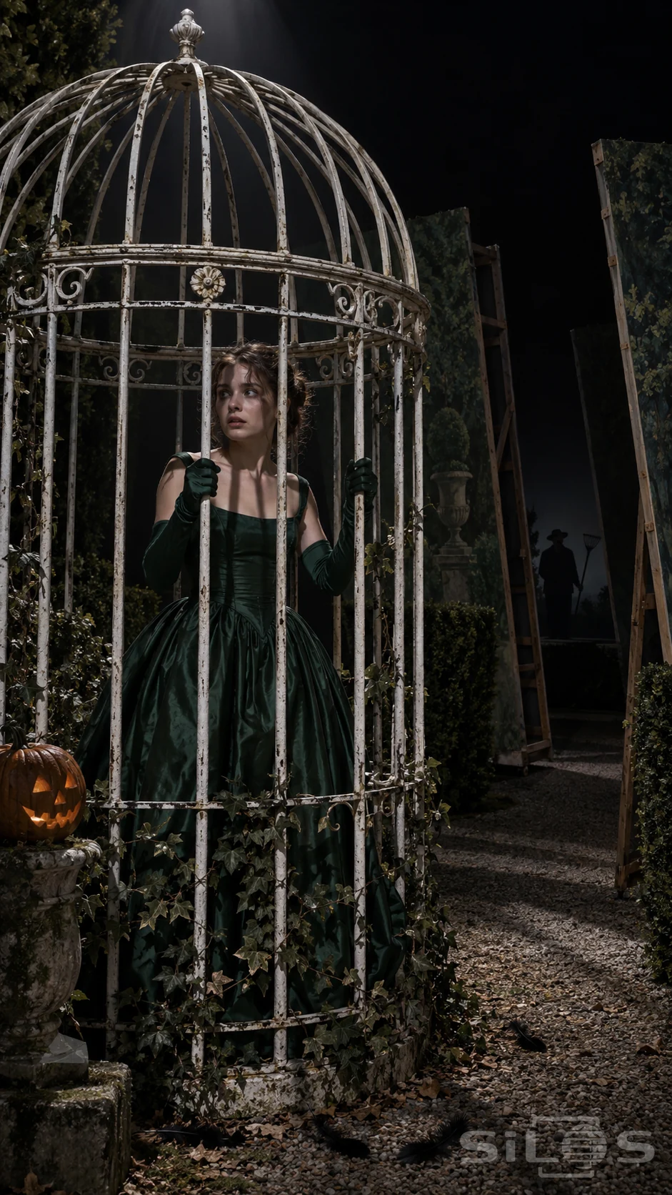 A woman in a green gown holds white iron bars while a gardener silhouette waits beyond tilted painted garden flats.
