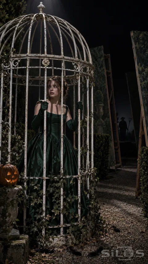 A woman in a green gown holds white iron bars while a gardener silhouette waits beyond tilted painted garden flats.