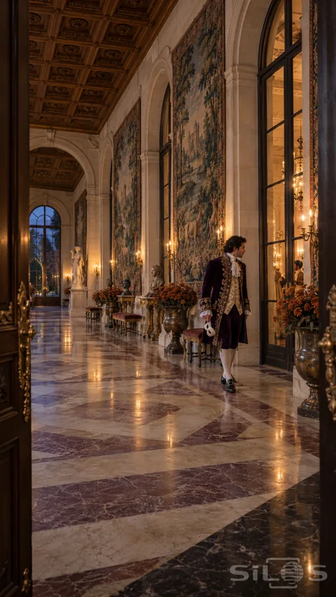 A man in an embroidered violet velvet costume holds a pale mask in a grand gallery lined with tapestries and autumn flowers.
