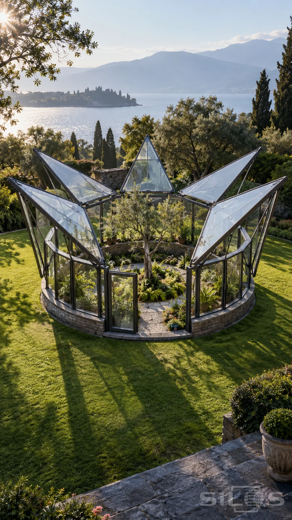 Pointed glass roof panels hinge outward around a circular glasshouse planted with a small olive tree and ferns.