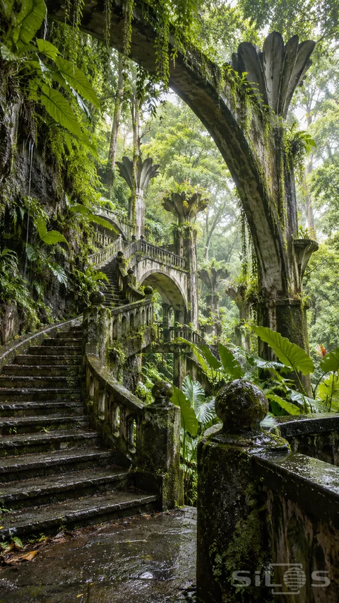 A rainforest stone arcade rises through dense green foliage on several connected levels.