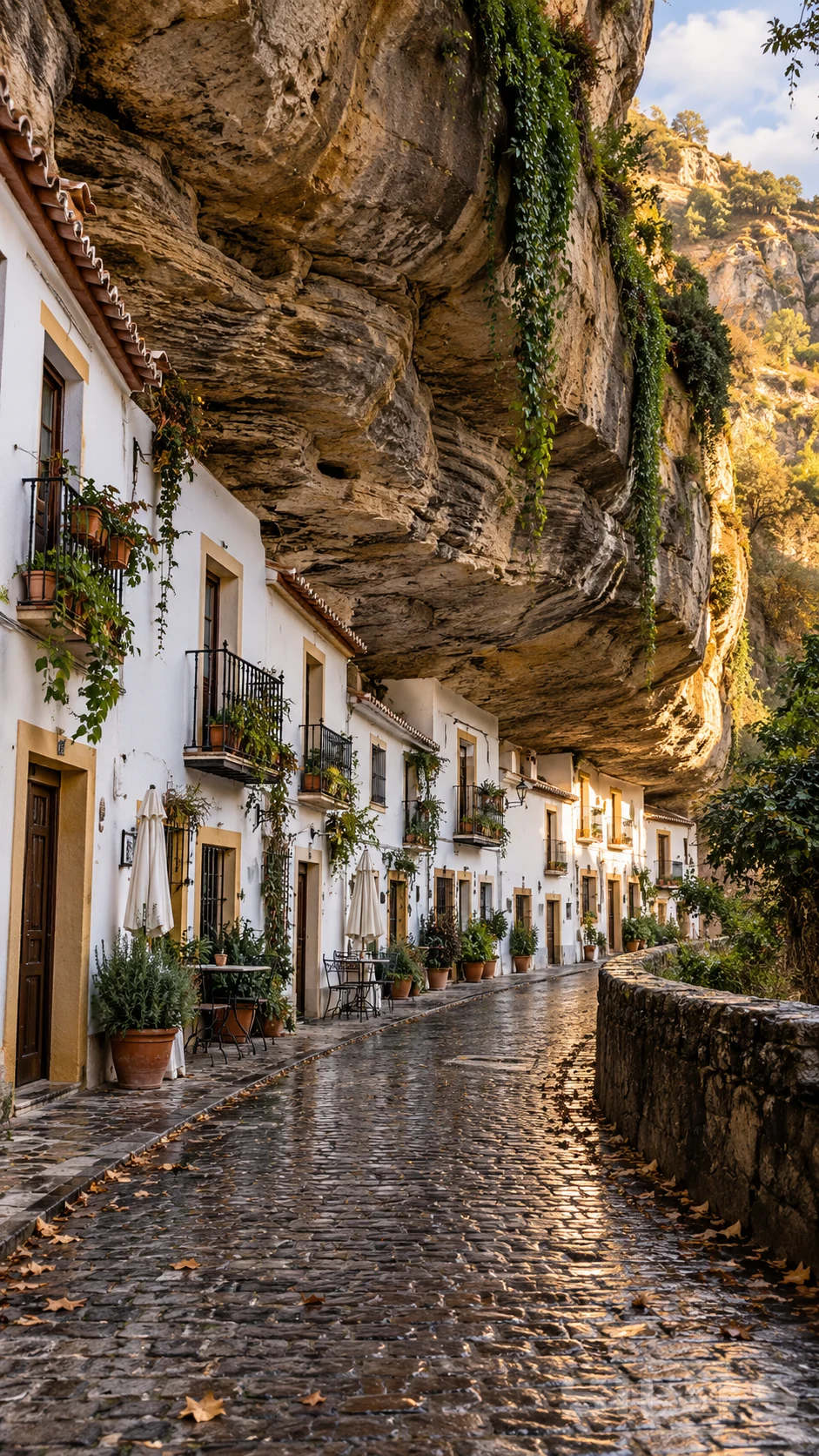 A wet cobbled lane curves past white houses and small balconies built beneath an immense layered rock overhang.