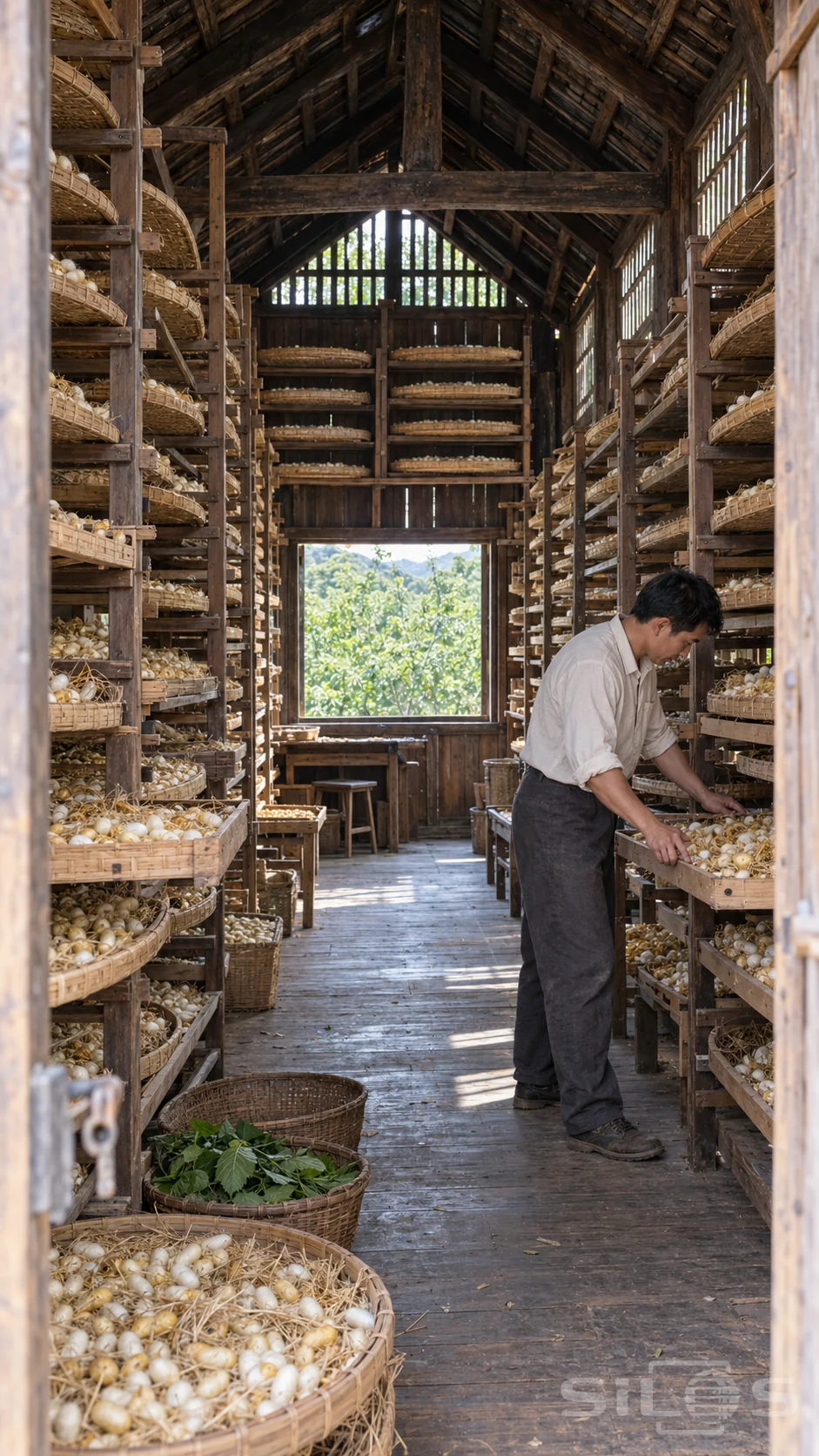 A man checks a tray of pale cocoons among tall bamboo racks inside a timber sericulture loft with an orchard beyond.