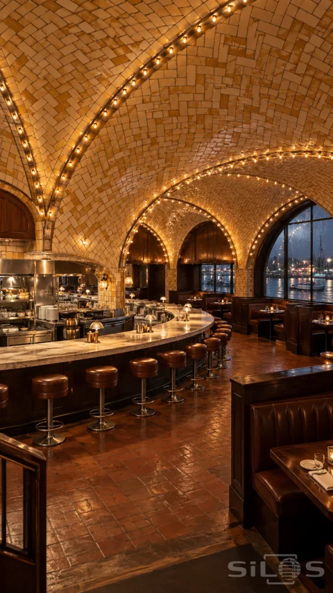 Warm supper hall with amber herringbone tile vaults; strings of lights; a curved marble counter; leather stools and rainy harbour windows.
