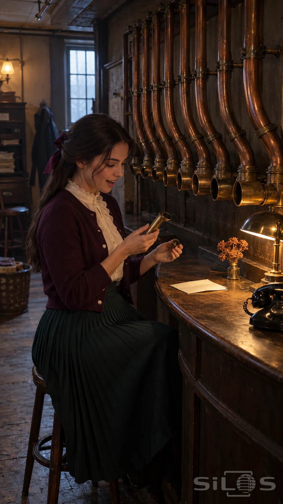 Pneumatic message desk with a woman in a plum cardigan opening a brass capsule beneath curved copper pipes and a desk lamp.