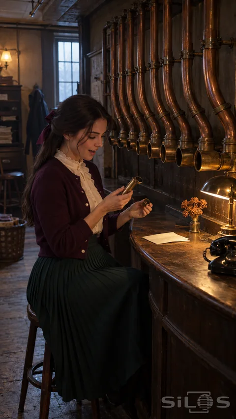 Pneumatic message desk with a woman in a plum cardigan opening a brass capsule beneath curved copper pipes and a desk lamp.