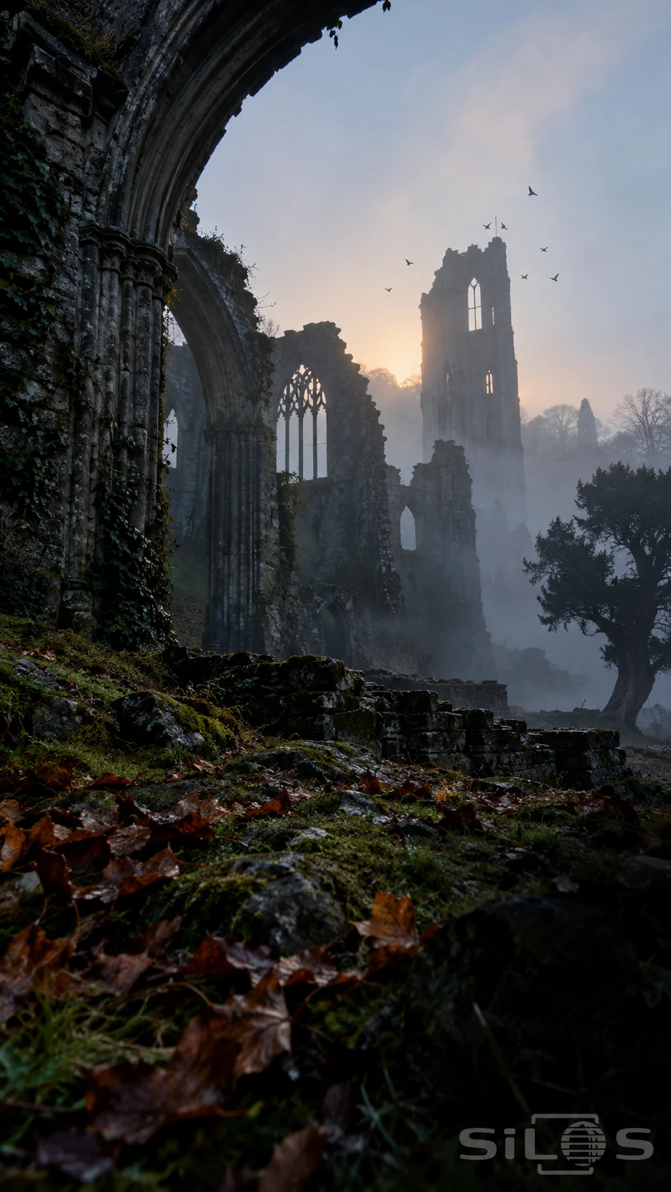 Gothic abbey ruins and a broken tower stand in blue autumn fog beneath circling birds with wet leaves in the foreground.