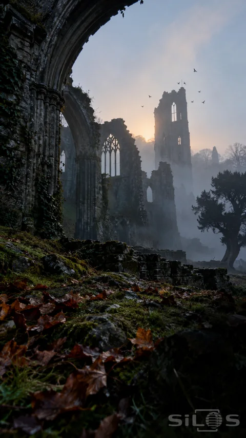 Gothic abbey ruins and a broken tower stand in blue autumn fog beneath circling birds with wet leaves in the foreground.