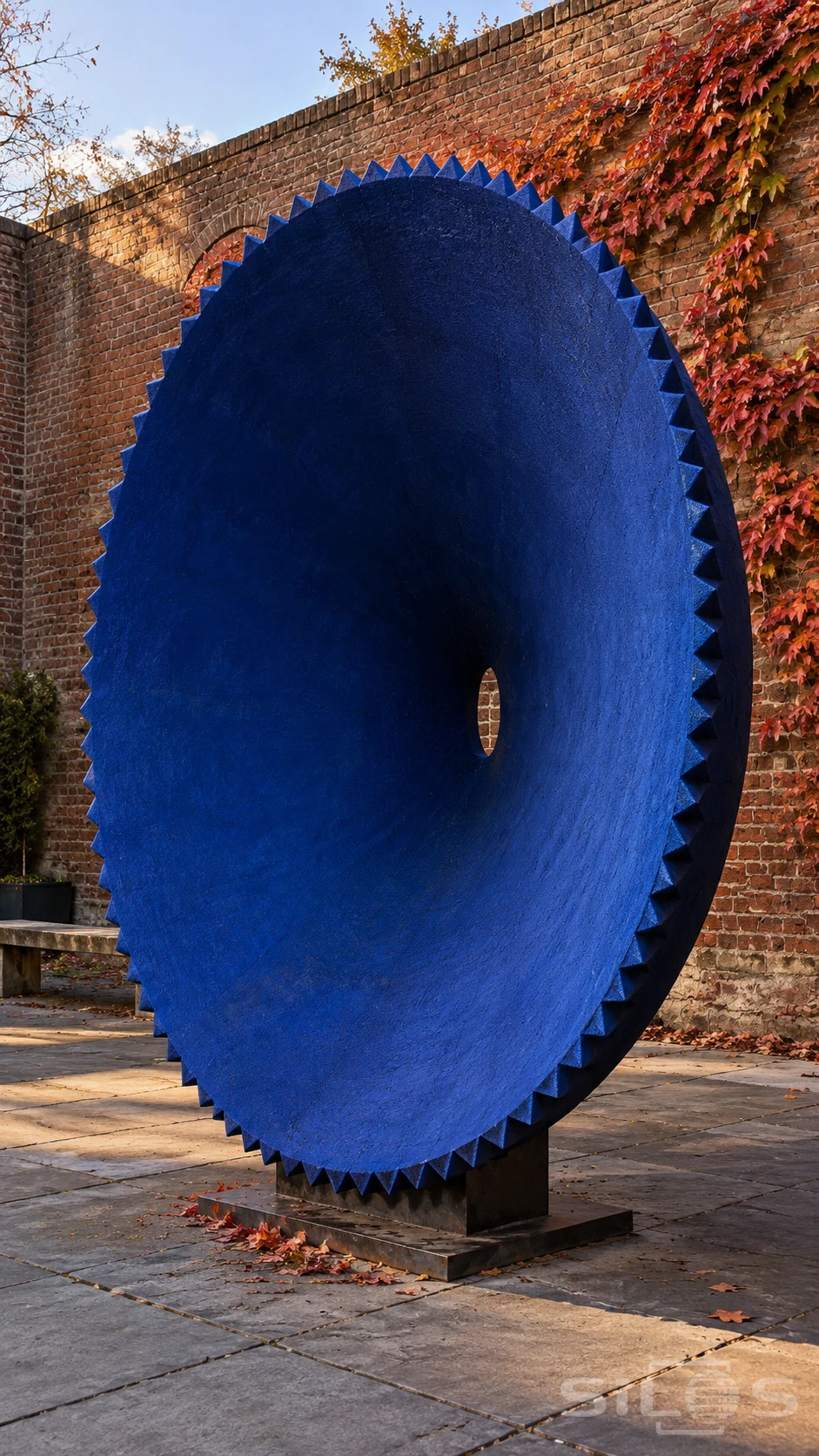 Large matte indigo concave disc with a serrated rim and small oval opening stands on a steel base in a brick courtyard.