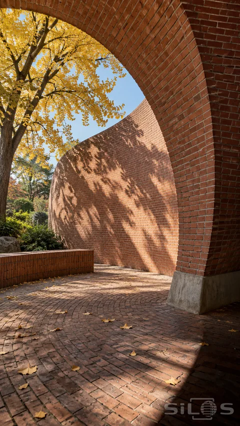 A curved brick shell and tall arch enclose an empty paved courtyard with a low bench and yellow leaves.