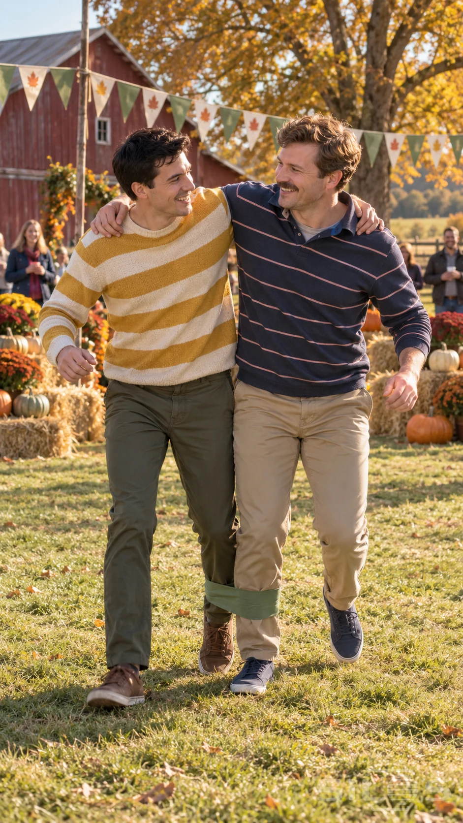 Two adult friends laugh during a three-legged race on a harvest fair lawn with a soft band joining their adjacent lower legs.