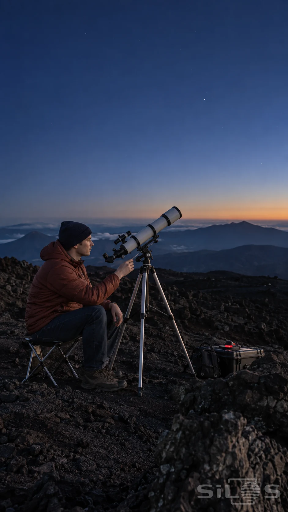 Ridge telescope blue hour with a seated man adjusting a white telescope on dark volcanic rock beneath a deep blue sky and first stars.