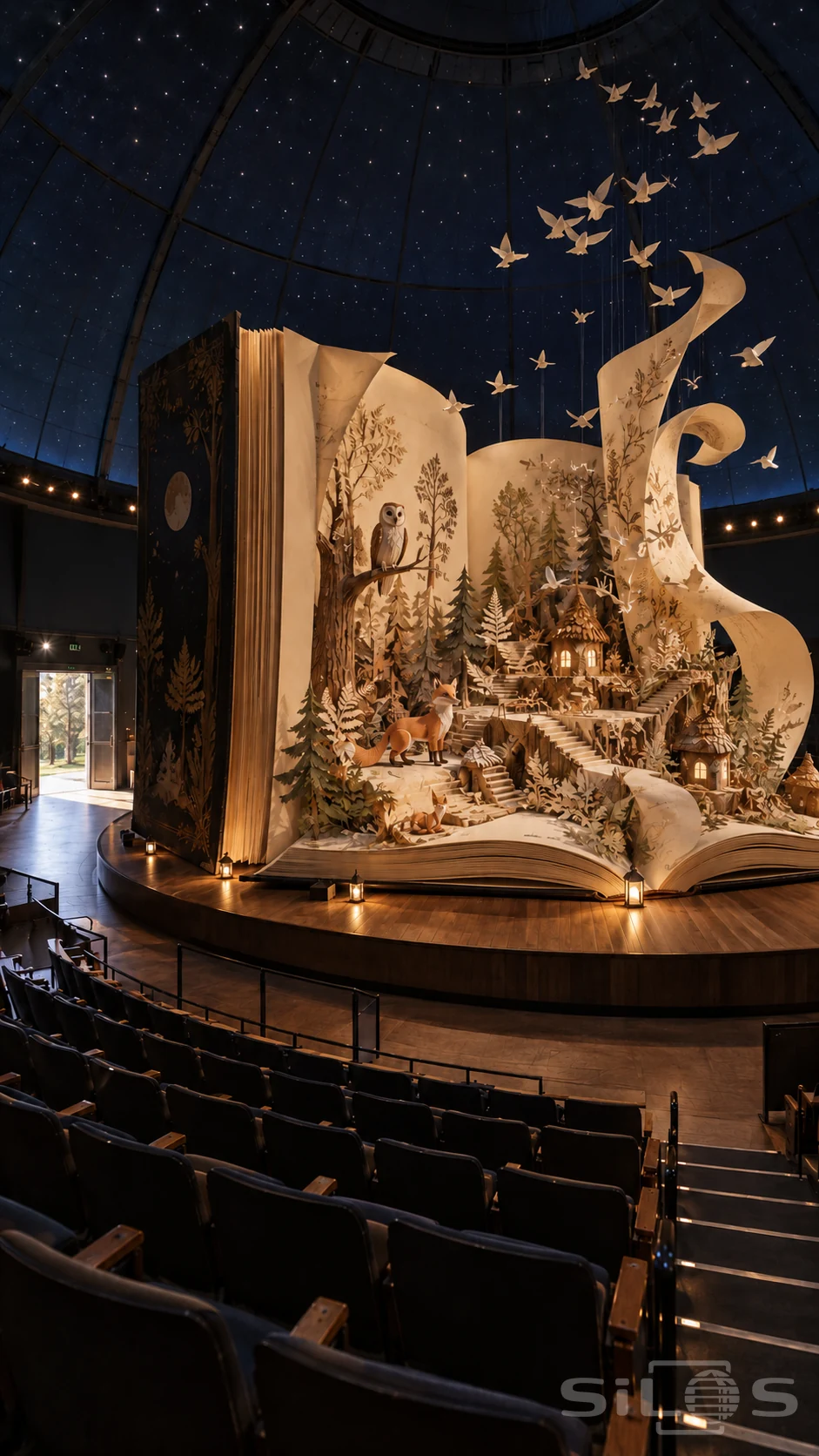 Giant storybook stage with a detailed paper woodland, foxes, an owl, tiny stairs and folded birds beneath a starry dome.