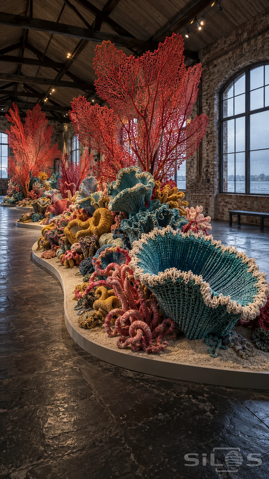 Tall red textile sea fans rise above giant teal crochet cups and pink knitted branches inside a brick exhibition hall.