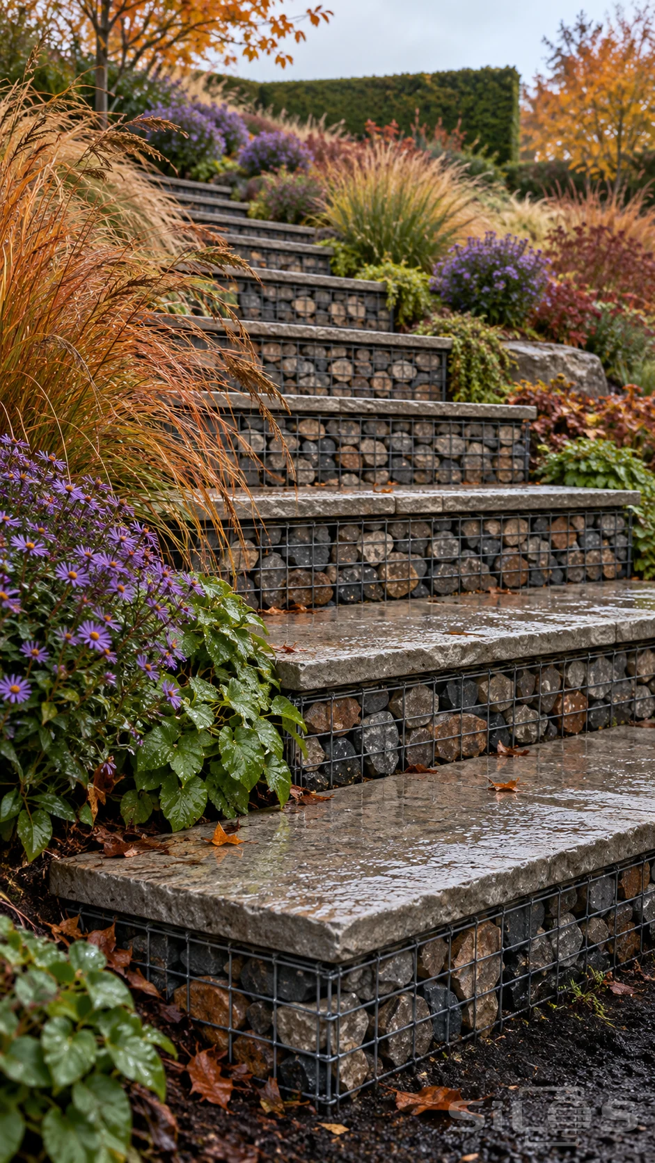 Gabion steps with stone-filled wire cages and pale slab treads climb between purple asters and golden autumn grasses.