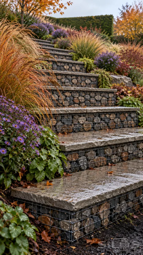 Gabion steps with stone-filled wire cages and pale slab treads climb between purple asters and golden autumn grasses.