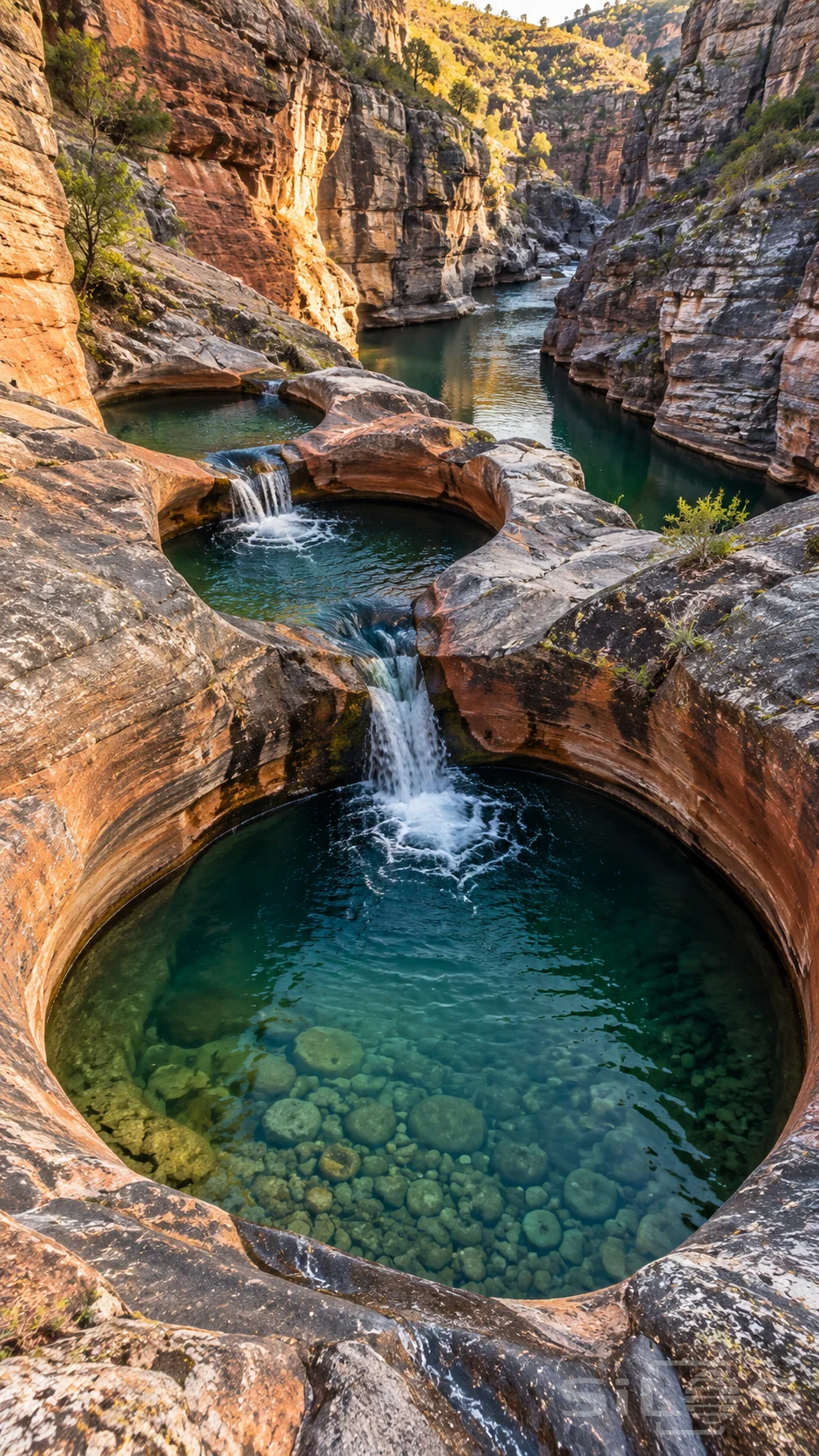River potholes linked by small cascades above a green canyon river with sunlit orange rock and pebbles in the nearest pool.