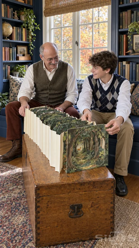 A father and teenage son expand a tunnel book forest with accordion paper sides on an oak chest in a navy library.
