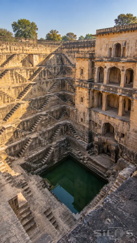 Many zigzag sandstone stair flights descend around a square green pool beside stacked arched galleries in a deep sunken court.