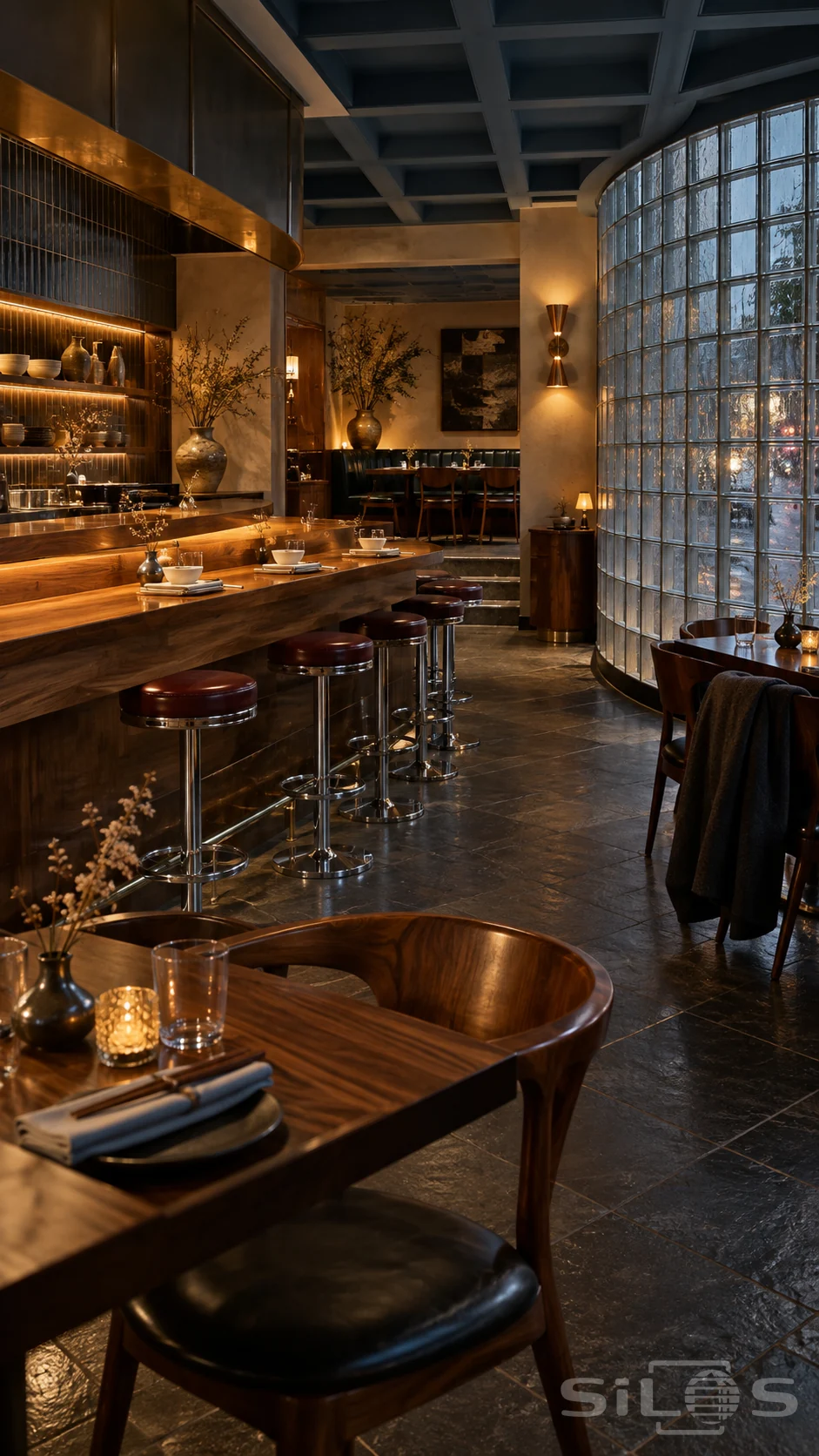 Walnut restaurant counter with chrome stools, a curved glass-block wall and warm lamps beneath a coffered ceiling.