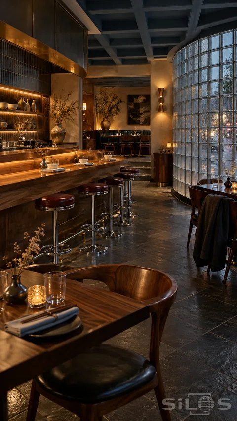 Walnut restaurant counter with chrome stools; a curved glass-block wall and warm lamps beneath a coffered ceiling.