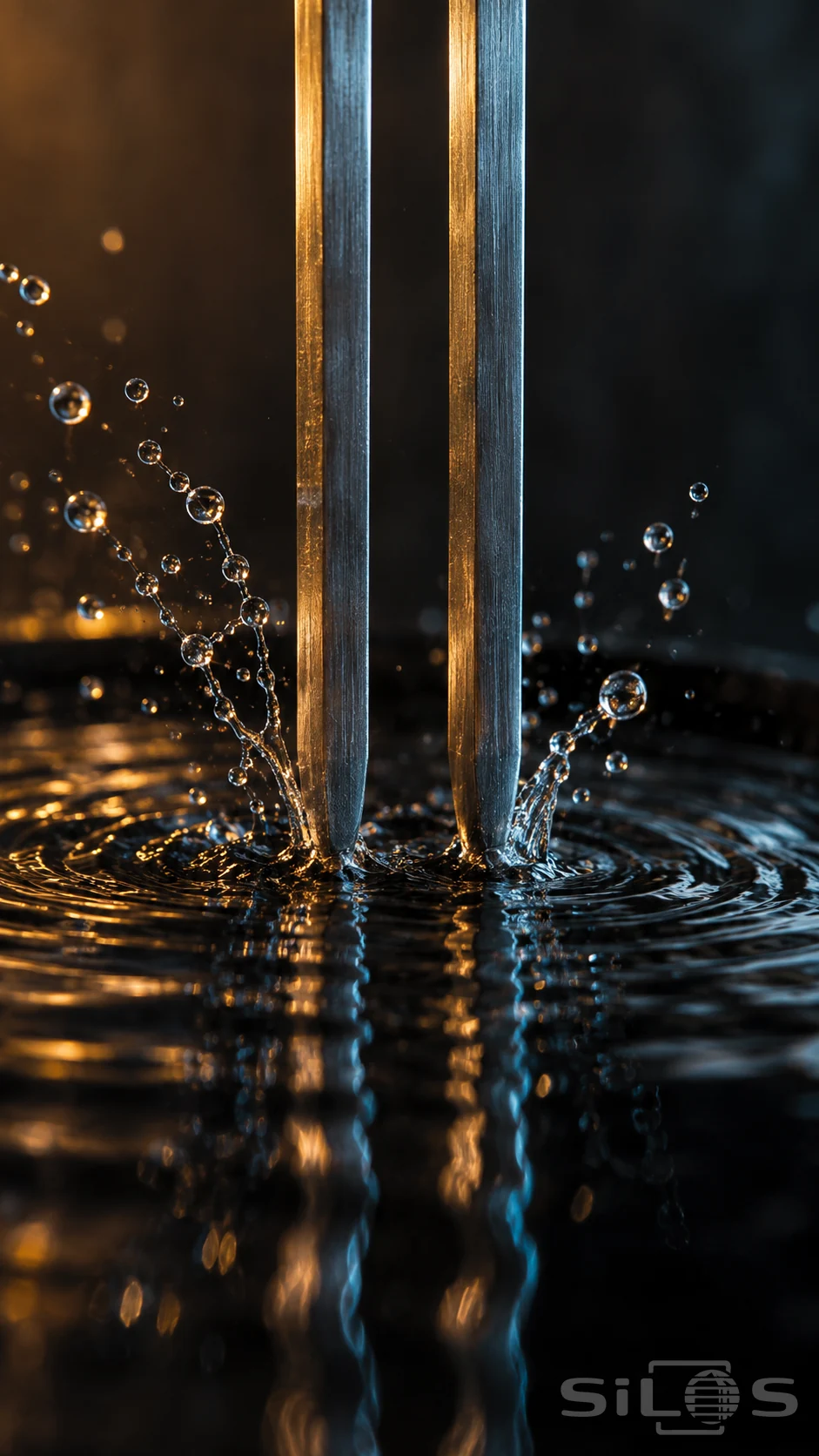 A tuning fork water splash with two steel tines touching the surface, surrounded by spherical droplets and overlapping ripples.
