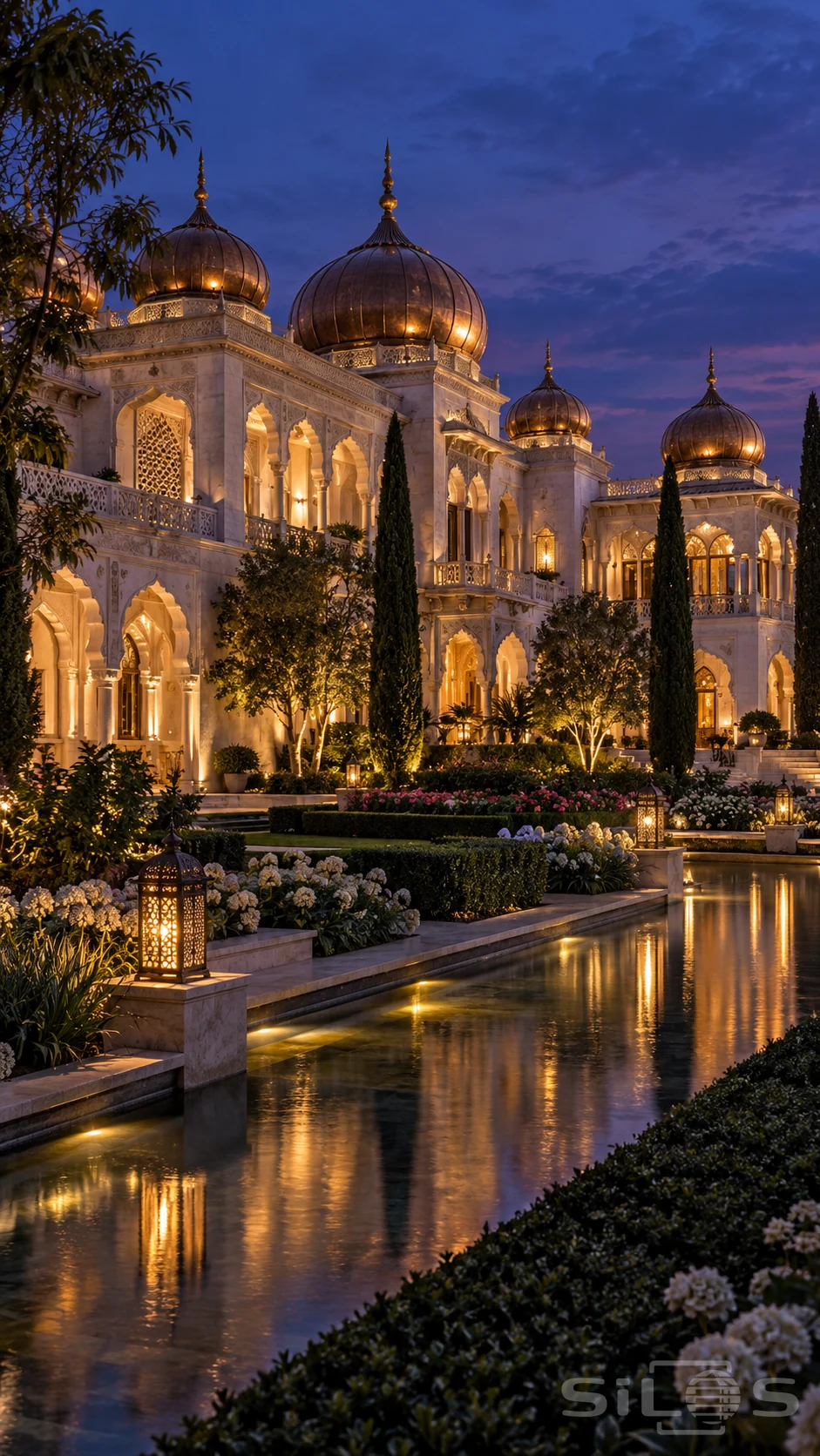 An illuminated palace garden stretches beside a long reflecting canal at blue hour.