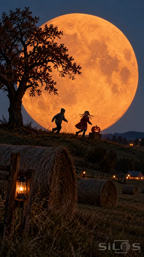 Two children chase each other across a grassy ridge in silhouette against a giant orange moon; beside an oak and glowing pumpkin.