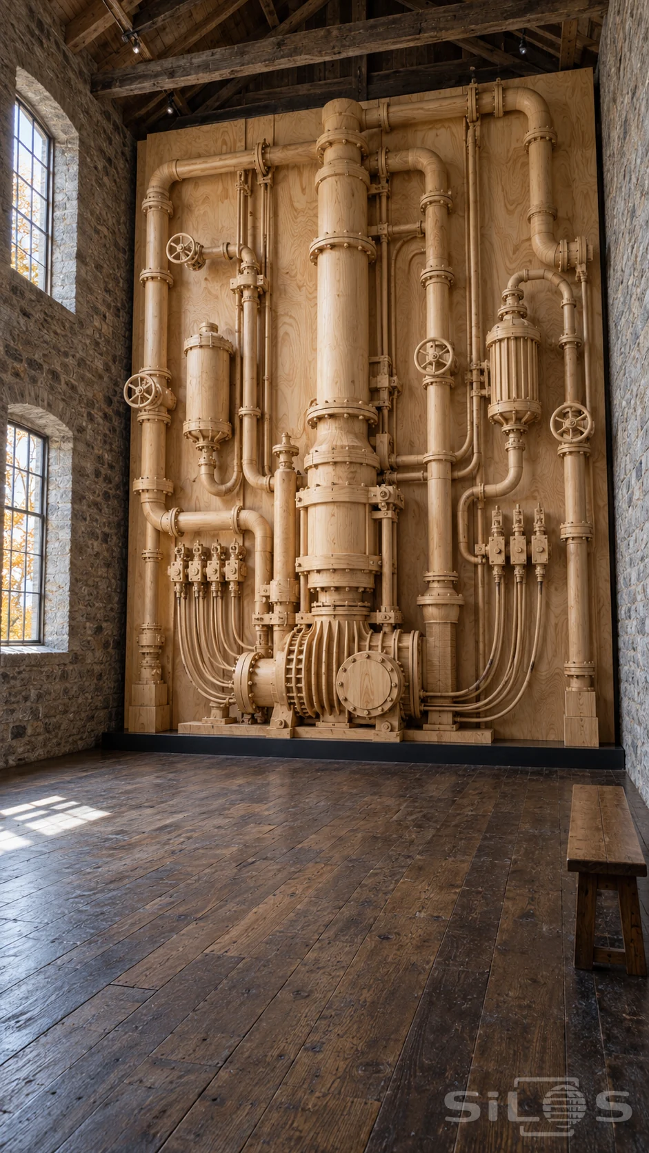 An entire machinery installation of pipes, valves and pump housings carved from pale wood fills a stone gallery wall.