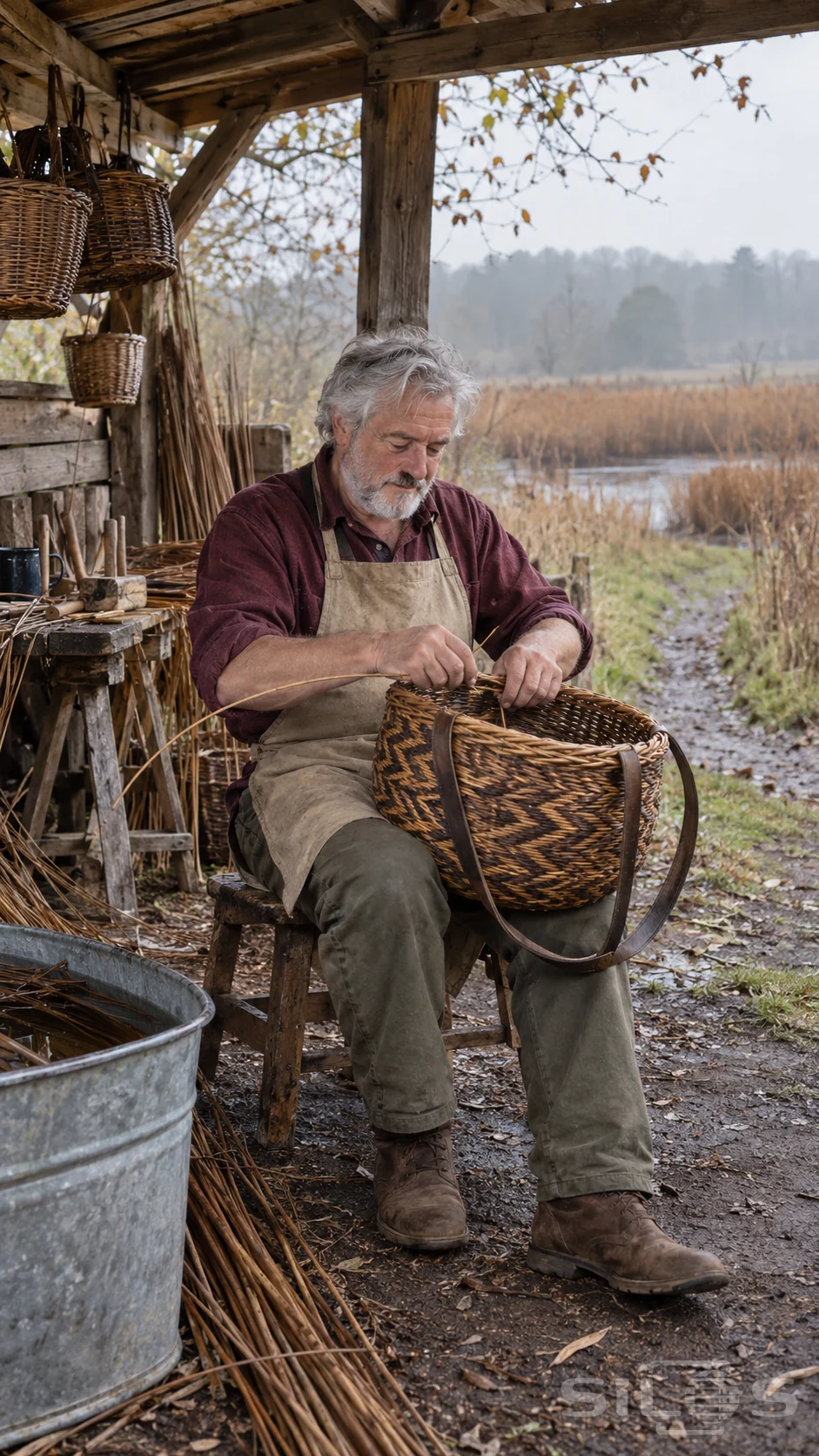 A seated craftsperson repairing a willow basket threads its rim beneath a timber shelter beside a reed meadow.