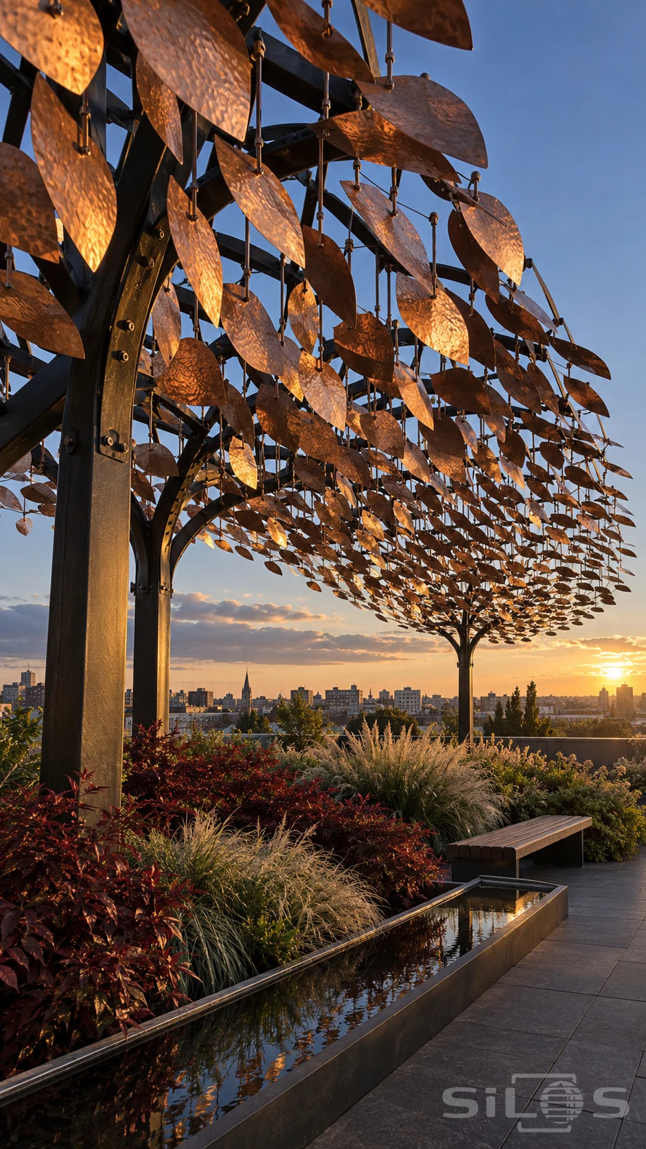Large hammered copper leaves hang above a roof garden with burgundy plants, a wooden bench and a narrow reflecting strip at sunset.