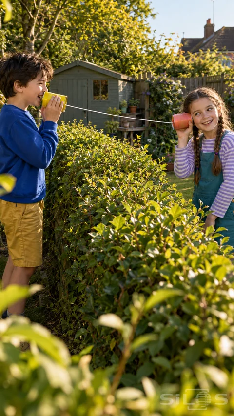 Two children use a tin can telephone across a green hedge; speaking into a yellow can and listening with a coral one.