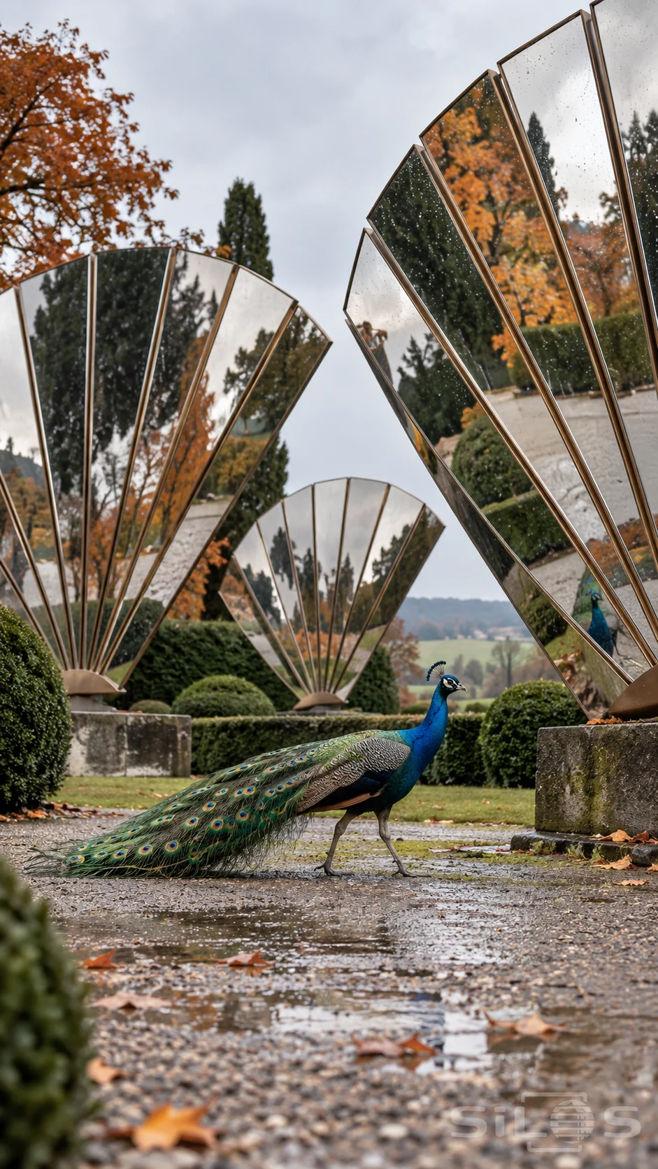 A peacock walks across wet gravel between huge mirrored fans reflecting autumn leaves, hedges and a small part of the bird.