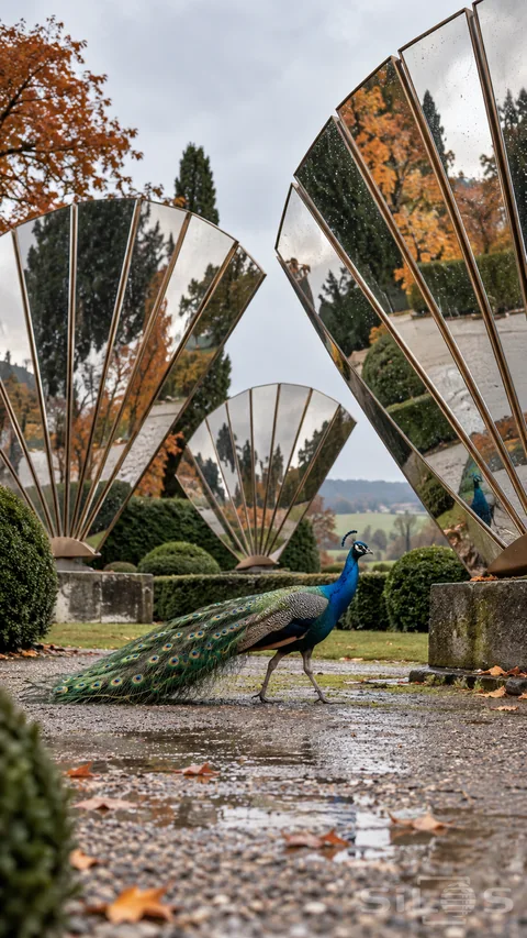 A peacock walks across wet gravel between huge mirrored fans reflecting autumn leaves; hedges and a small part of the bird.