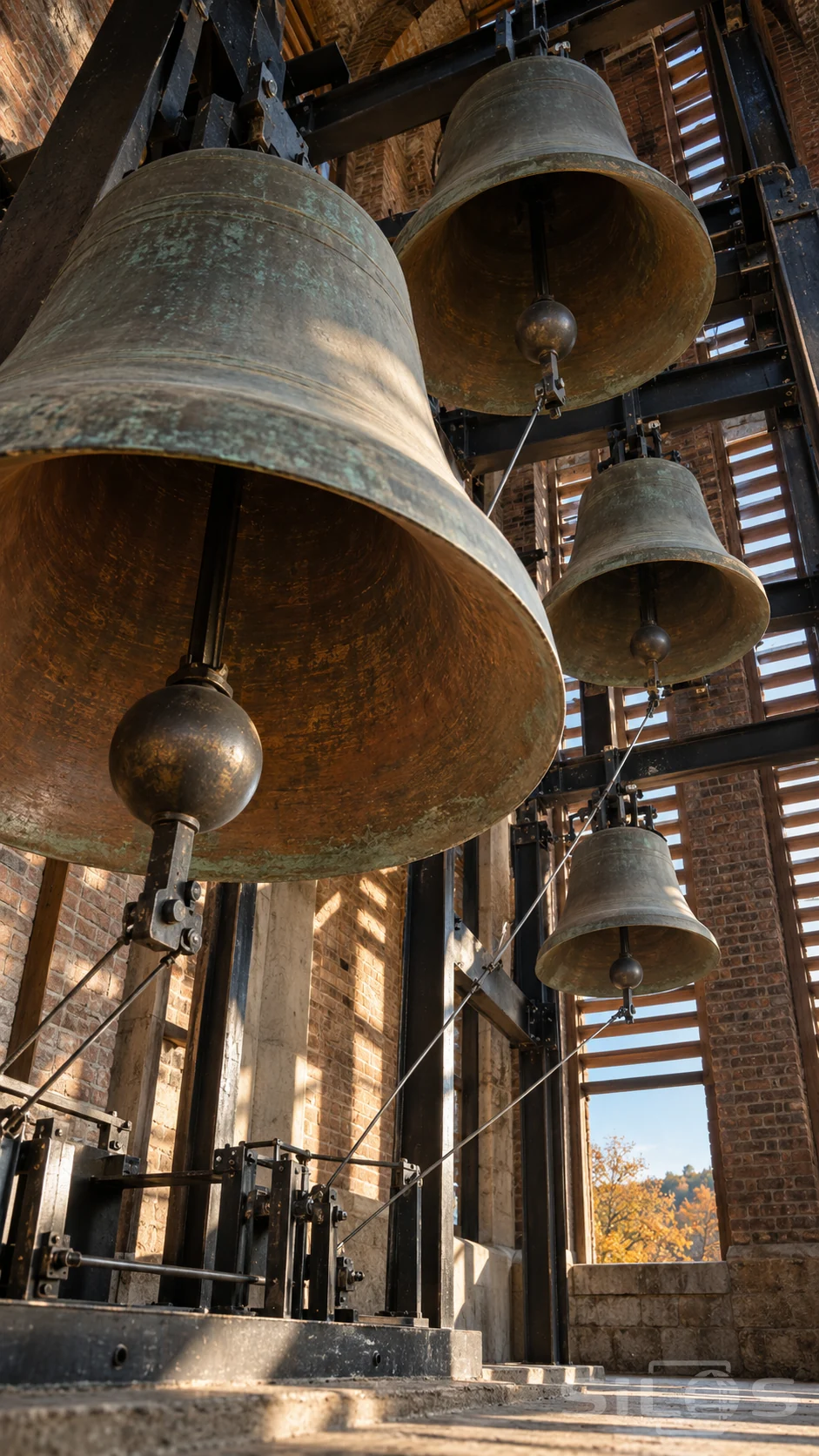 Four bronze bells hang from a steel framework inside a brick tower with visible clappers and sunlit wooden louvers.
