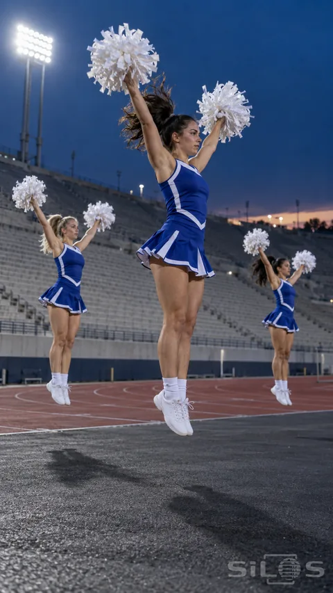 An adult cheer team of three women in navy and white tracksuits holds white pom-poms on a stadium field at dusk.