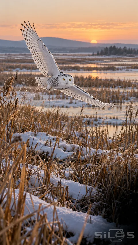 A snowy owl with yellow eyes banks over snow and amber marsh reeds; with both wings spread against a pale sky.