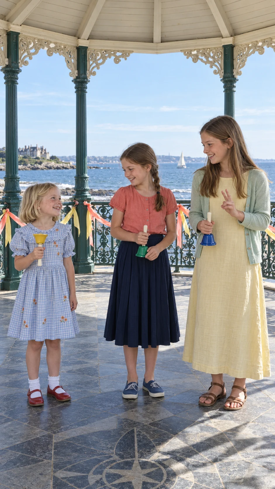 Three sisters share a laughing handbell rehearsal with yellow green and blue bells beneath an ornate seaside bandstand.