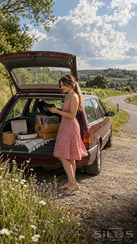 A roadside record stop with a woman in a gingham dress holding vinyl beside an open burgundy car and green summer fields.
