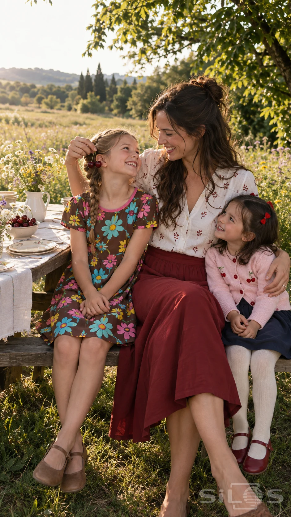 At a picnic, a mother holds paired cherries beside her daughter's cheek as another daughter cuddles close.