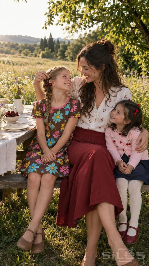At a picnic; a mother holds paired cherries beside her daughter's cheek as another daughter cuddles close.