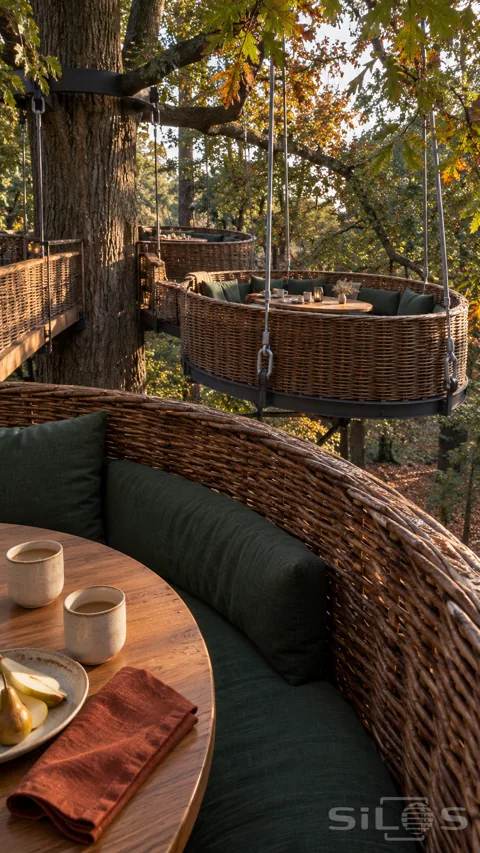 Large woven dining booths hang from visible metal supports around an autumn tree; seen from a nearby booth set with tea and sliced pear.